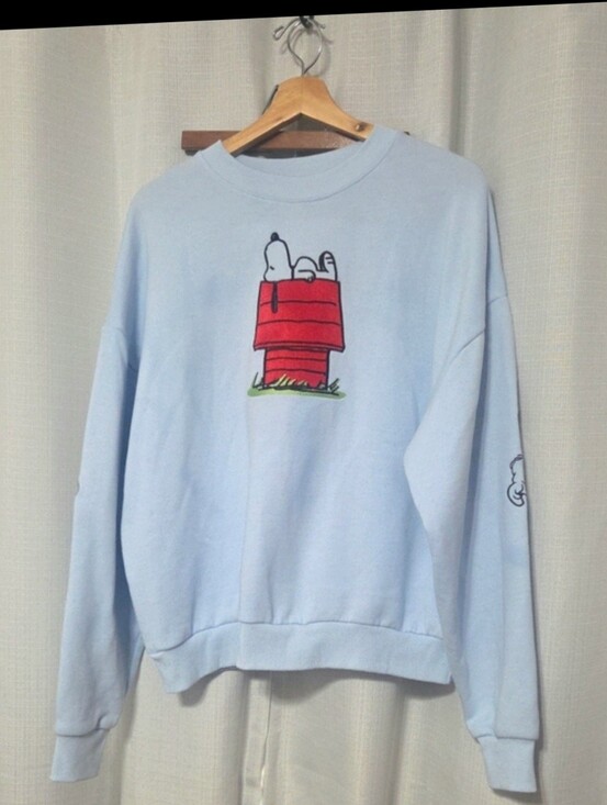 Peanuts Tops - Peanuts Light Blue Crewneck with Snoopy & Red Doghouse-Embroidred